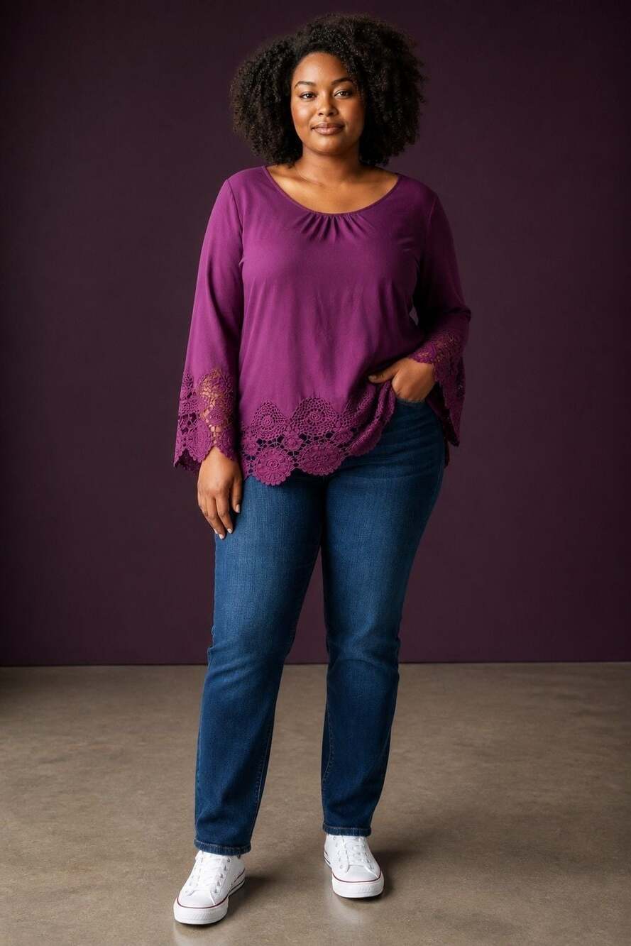 Unique Spectrum Women's Purple Long Sleeve Crochet Lace Hem and Cuffs - Picture 3 of 6